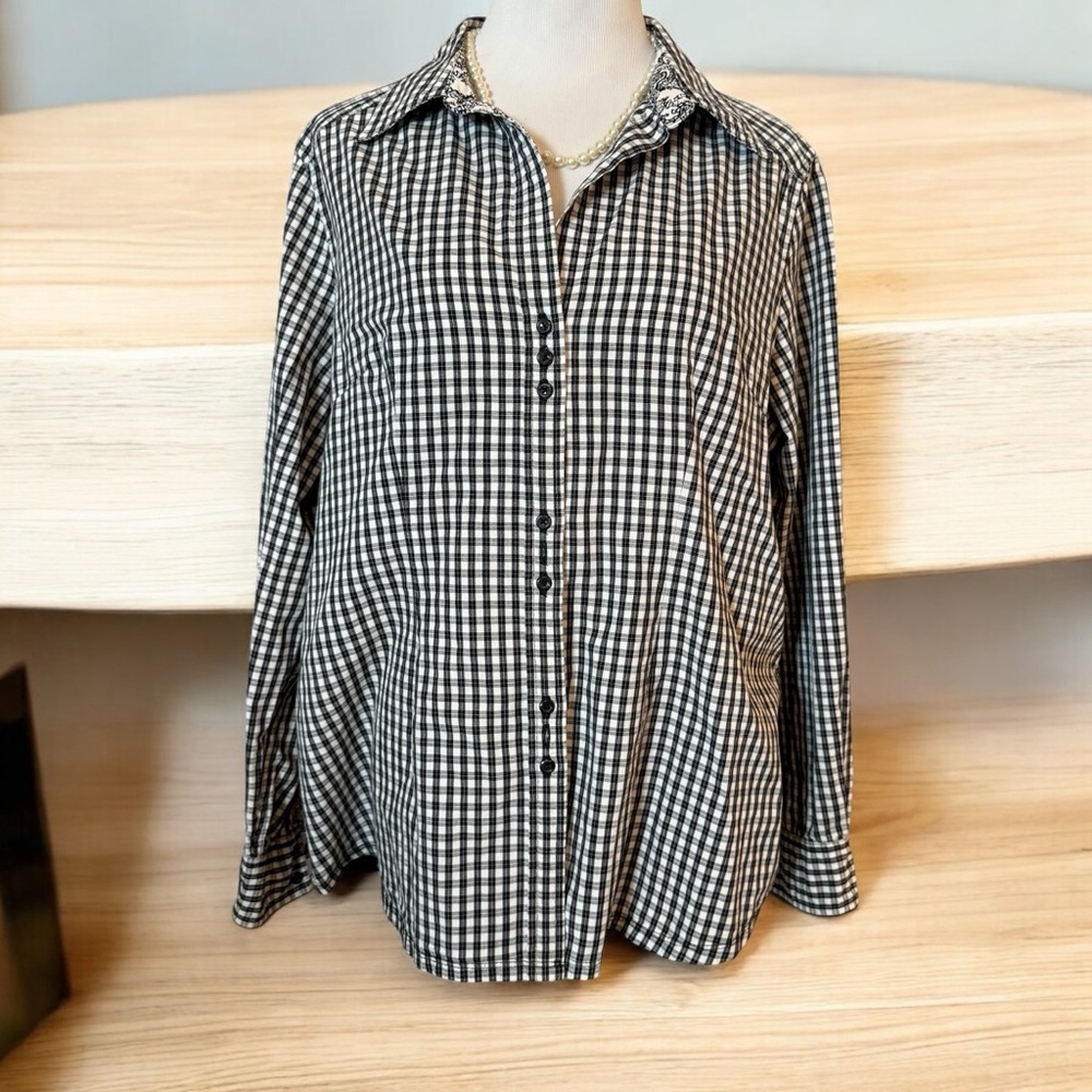 SIGNATURE BY LARRY LEVINE WOMEN’S XL BUTTON-UP SHIRT BLACK WHITE CHECKERED